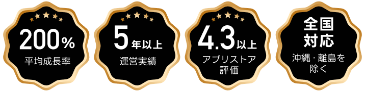 [100% 平均成長率][5年以上 運営実績][4.3以上 アプリストア評価][全国対応 沖縄・離島を除く]