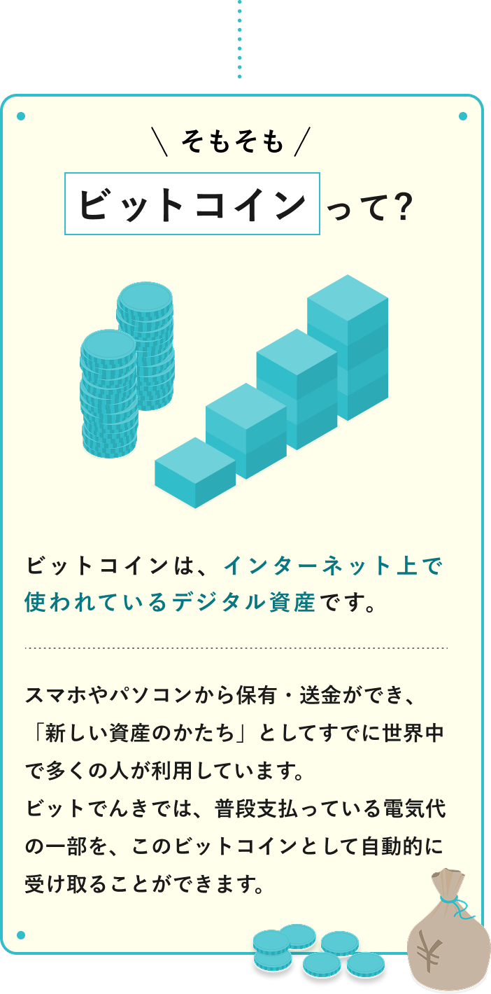 【そもそもビットコインって?】ビットコインは、インターネット上で使われているデジタル資産です。スマホやパソコンから保有・送金ができ、「新しい資産のかたち」としてすでに世界中で多くの人が利用しています。ビットでんきでは、普段支払っている電気代の一部を、このビットコインとして自動的に受け取ることができます。