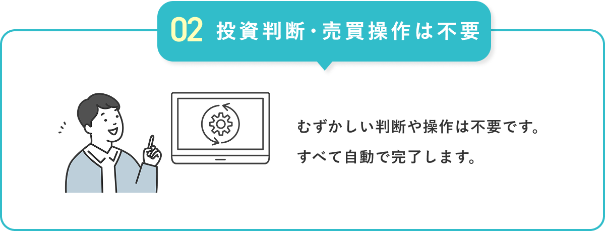 【02 投資判断・売買操作は不要】むずかしい判断や操作は不要です。すべて自動で完了します。