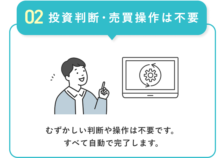 【02 投資判断・売買操作は不要】むずかしい判断や操作は不要です。すべて自動で完了します。