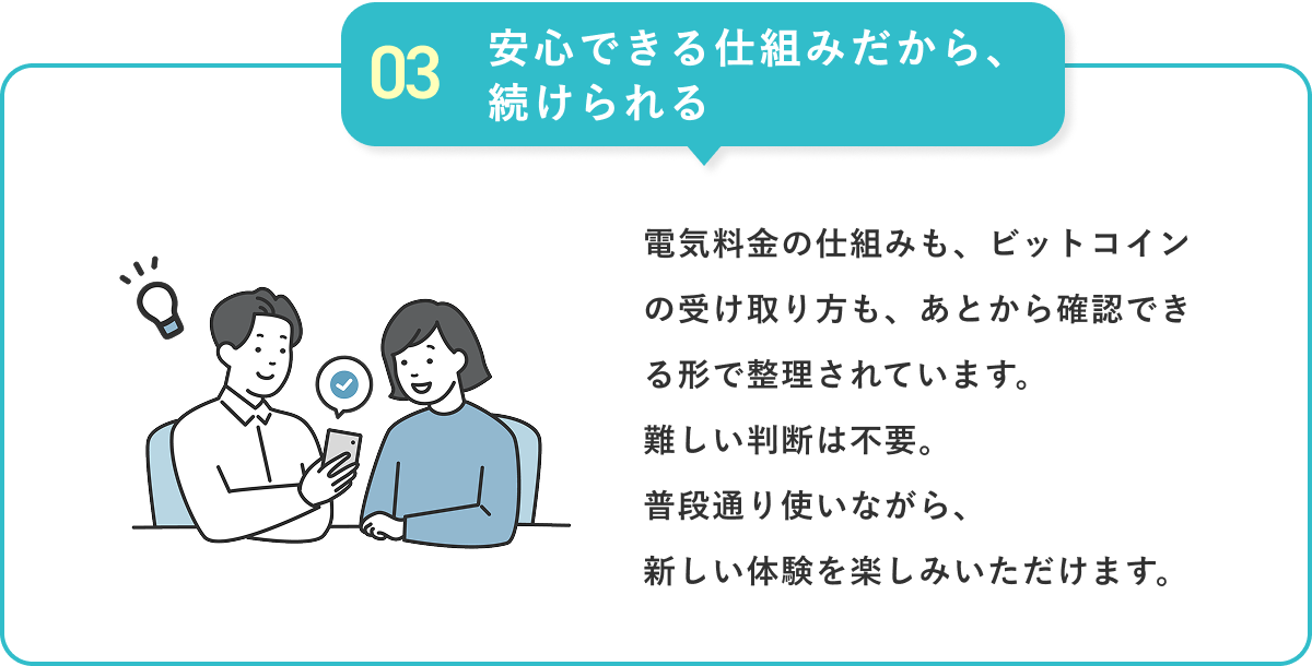 【03 安心できる仕組みだから、続けられる】電気料金の仕組みも、ビットコインの受け取り方もあとから確認できる形で整理されています。難しい判断は不要。普段通り使いながら、新しい体験を楽しみいただけます。